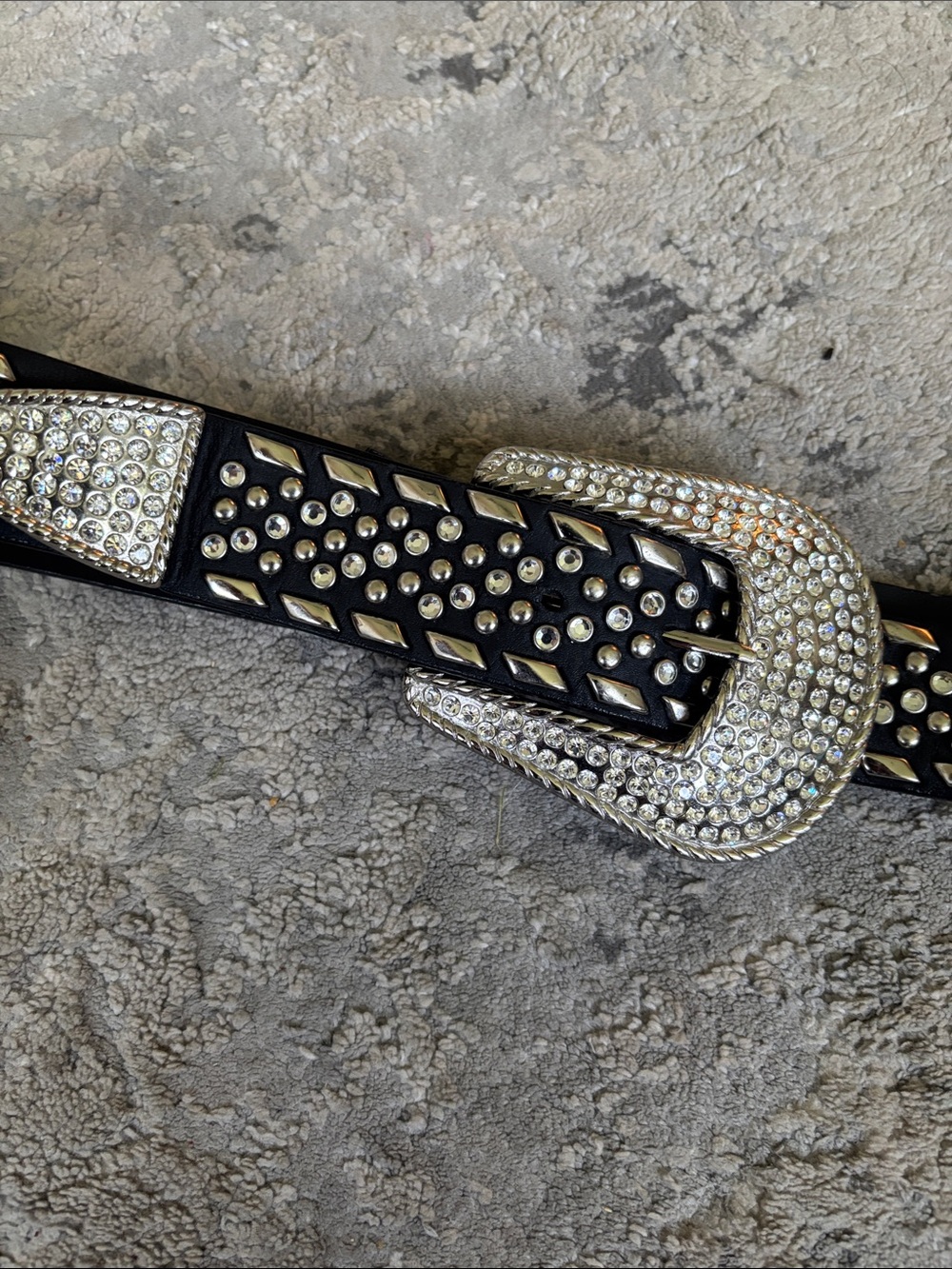 Christine Alexander Black Studded Belt with Crystal Rhinestone Buckle size L